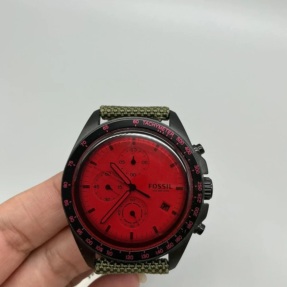 Fossil Mens Watch 44mm Red Dial Green Canvas Leather Chronograph CH3064 New Batt